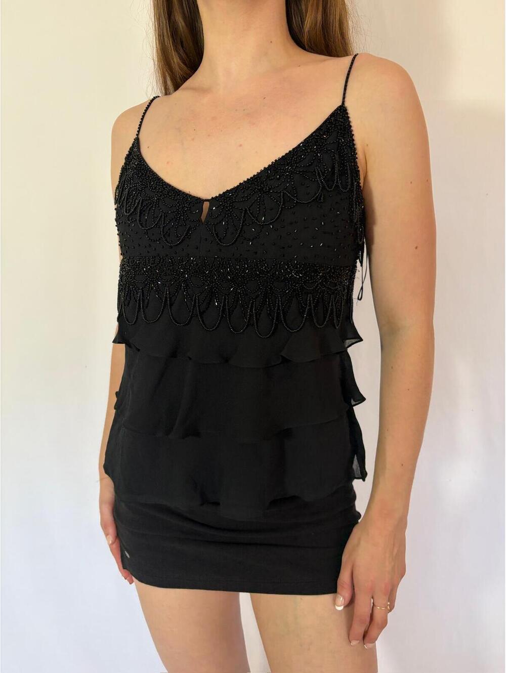 Black Vintage Silk Beaded Fringe Glam Party Cami